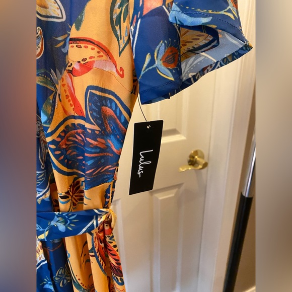 Lulus Atlantis Blue & Yellow Print Wrap Midi Dress - Picture 6 of 9